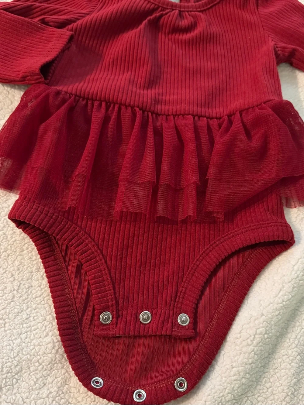 Carter's Long-Sleeve Ribbed Red One-Piece with Tulle Peplum & Pants